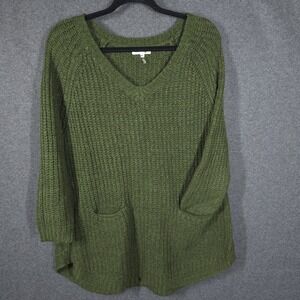 Miracle USA Women's Green Knit Sweater M/L Pullover V-Neck Long Sleeve‎ Pockets